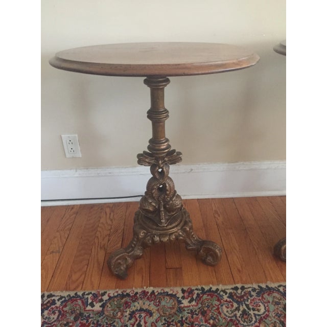 Antique Wood Side Tables With Gilted Christofle Style Iron Dolphin Base...A Pair For Sale - Image 4 of 10
