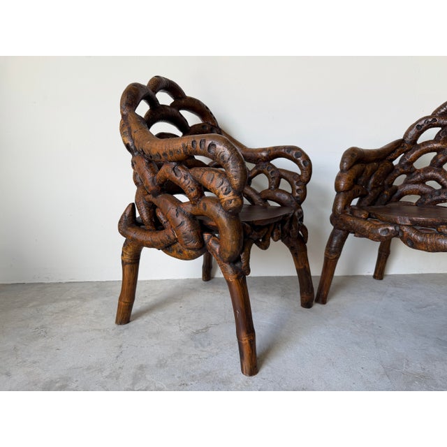 Vintage Chinese Organic Root Bamboo Rustic Club Armchairs – A Pair For Sale - Image 9 of 12