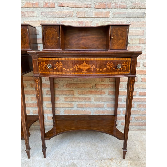 1940s Pair of Neoclassical Marquetry Bedside Tables With Drawers and Upper Compartment For Sale - Image 15 of 18