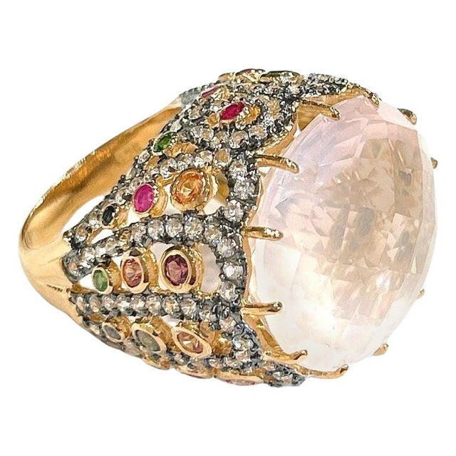 Bochic "Orient" Pink Quartz & Sapphire Ring Set In 18K Gold & Silver For Sale - Image 15 of 18