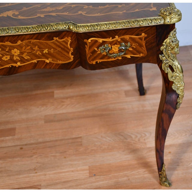 1900 Antique French Louis XV Walnut & Satinwood Inlay Writing Desk For Sale - Image 6 of 14