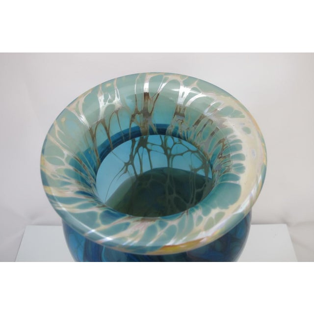 Abstract Tim Chilina Hand Blown Molten Blue Green Swirl Studio Art Glass Vase 15" For Sale - Image 3 of 7