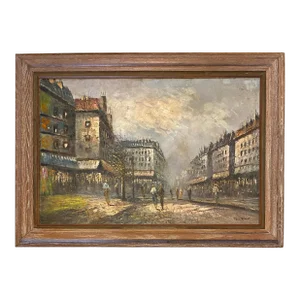 French Oil on Canvas Painting Paris Street Scene by Jean Ribout