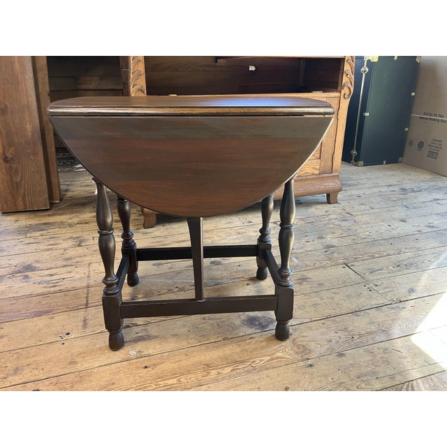 Early 20th Century Dark Brown Drop Leaf Accent Table With Turned Legs and Drawer For Sale - Image 5 of 9