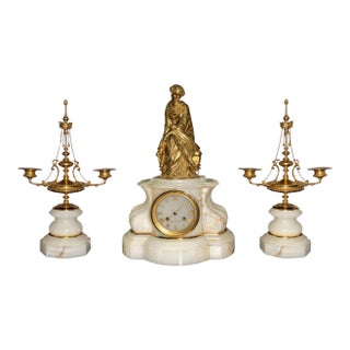 Early 20th Century French Bronze & Onyx Clock Garniture, Allegory of the Arts. For Sale