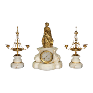 Early 20th Century French Bronze & Onyx Clock Garniture, Allegory of the Arts.