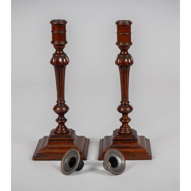 Antique Pair English Mahogany Candlesticks For Sale - Image 4 of 6