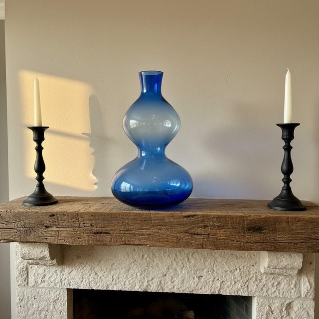 Vintage Hand Blown Blue Studio Art Glass Vase-Translucent-Double Gourd-Bottle For Sale - Image 9 of 9