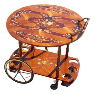 Italian Tea Cart - Mid-Century Sorrento-Style Marquetry Inlaid Wood & Brass Rolling Bar Cart - Made in Italy For Sale