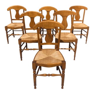 1910s Vintage French Country Rush Seat Walnut Dining Chairs - Set of 6 For Sale