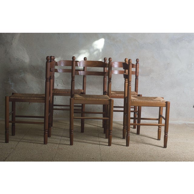 Antique French Country Dining Chairs Rush Seats, 1960s, Set of 5 For Sale - Image 6 of 11