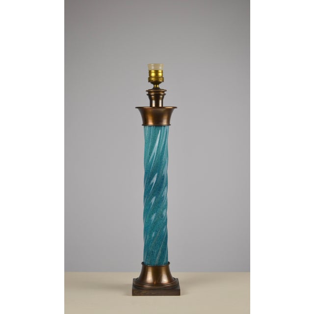 Turquoise Hollywood Regency Turquoise Ceramic and Bronze-Finished Brass Table Lamp, 1950s For Sale - Image 8 of 17