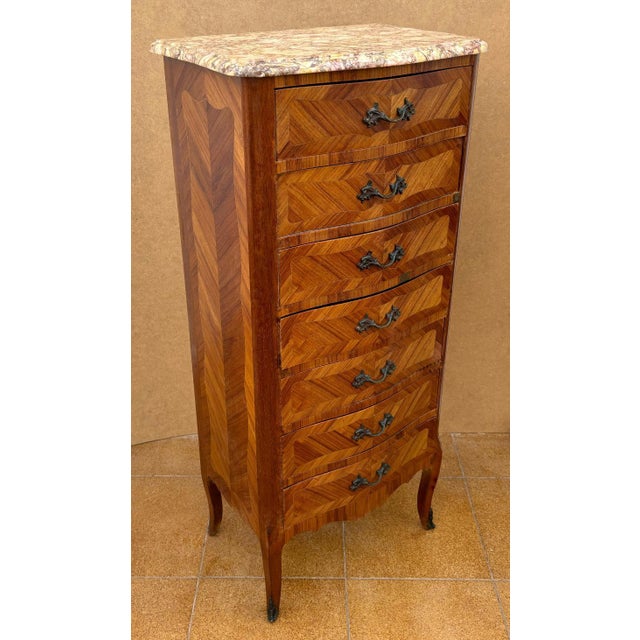 1940s 1940s French Marquetry And Marble Top Tall Chest Of Seven Drawers For Sale - Image 5 of 6