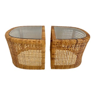 Bielecky Brothers Attrib. Rattan Side Tables With Glass Tops - Pair For Sale
