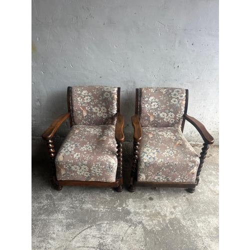 Pair of vintage floral & birds armchairs with barley twist wood introduction a charming pair of vintage armchairs...