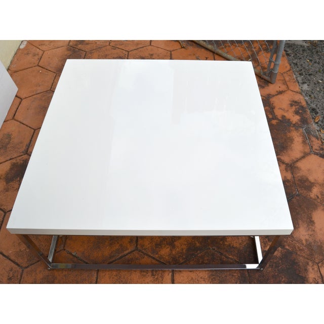 Modern White Glossy Top Chrome Coffee Table With Tempered Glass Bottom Shelf For Sale - Image 11 of 18