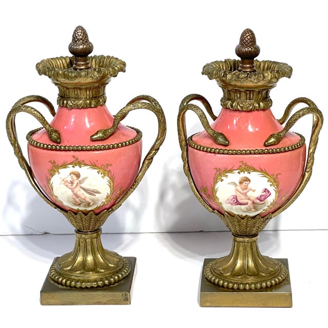 Ceramic Pair French Louis XVI Style Sèvres Rose Pompadour Ormolu-Mounted Cabinet Vases For Sale - Image 7 of 17