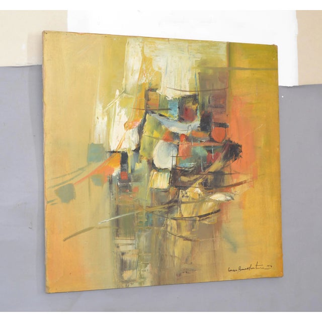 Signed by Artist Cesar Buenaventura Mid-Century Modern Abstract Painting in Oil on Canvas in Hues of Earth Tone Colors....