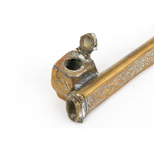 19th Century Antique Middle Eastern Brass Scribe’s Inkwell Qalamdan For Sale - Image 4 of 6