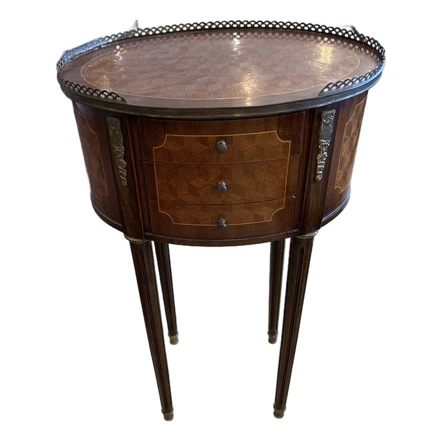 Marquetry French 19th Century Inlaid Oval Side Table or Nightstand For Sale