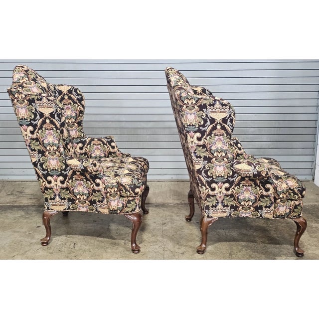 Wood Late 20th Century Pair Southwood Mahogany Philadelphia Style Wing Chairs Needlepoint Fabric For Sale - Image 7 of 11