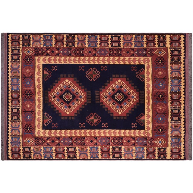 Blue Rustic Kargahi 1980's Blue/Gold Wool Rug - 6'3'' X 9'6'' For Sale - Image 8 of 9