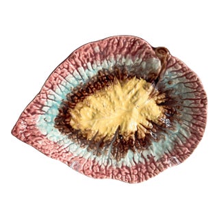 Antique Blush & Blue Majolica Leaf Platter – Circa Early 20th Century, Unmarked For Sale