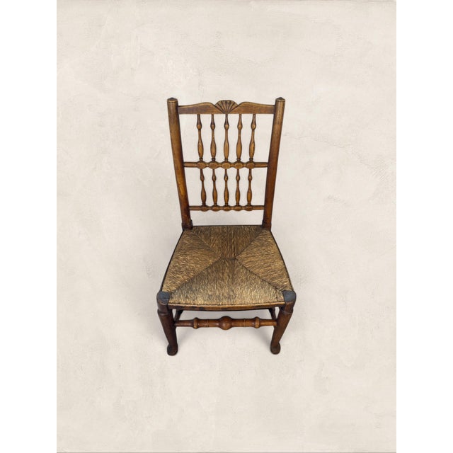 Antique English Ash Lancashire Spindle Back Chair With Rush Seat For Sale - Image 4 of 8