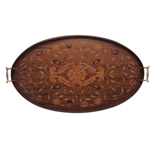 Monumental English Butler's Gallery Tray Edwardian Ornate Inlay Mahogany 27" For Sale - Image 4 of 14
