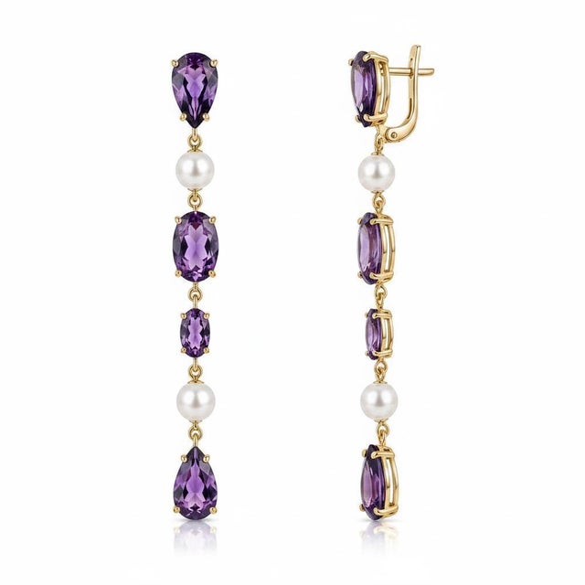 Modern Multi-Shape Amethyst and pearl Earrings. Contemporary Pearl & Amethyst Drop Earrings. Geometric Amethyst and Pearl...