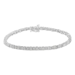 .925 Sterling Silver 1.0 Cttw Round & Baguette Cut Diamond 7" Alternating Round and Square Station Tennis Bracelet (I-J Color, I3 Clarity) For Sale