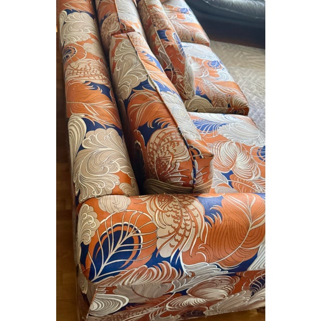 Late 20th Century Custom Three-Seat Sofa in Terracotta and Indigo Art Deco Revival Pattern For Sale - Image 12 of 12