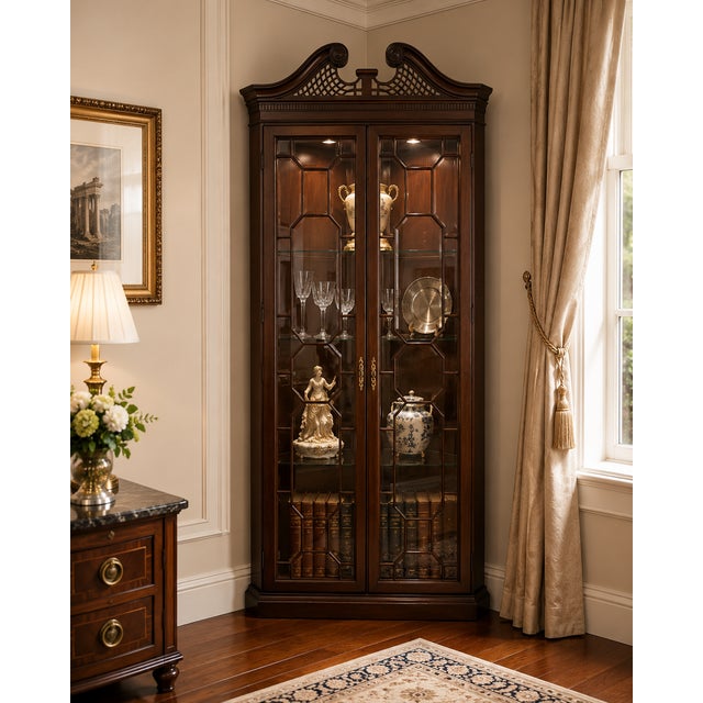 A striking corner display cabinet attributed to Hekman, designed to bring both elegance and practicality to a traditional...