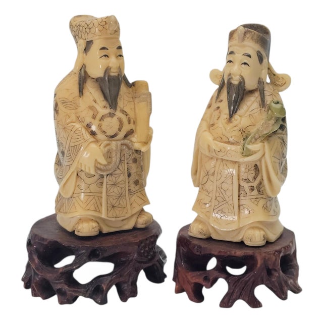 Pair Chinese Scholar and Deity Figures on Carved Hardwood Stands 3.25" For Sale