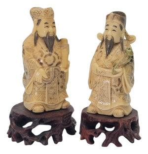 Pair Chinese Scholar and Deity Figures on Carved Hardwood Stands 3.25"