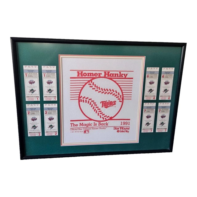 1990s Minnesota Twins World Series Homer Hanky Rally Towel Framed With Ticket Stubs. For Sale