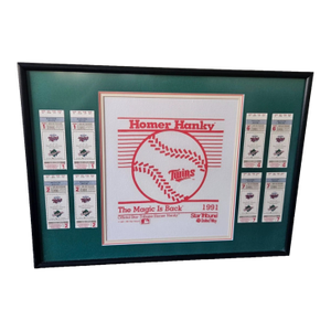 1990s Minnesota Twins World Series Homer Hanky Rally Towel Framed With Ticket Stubs.