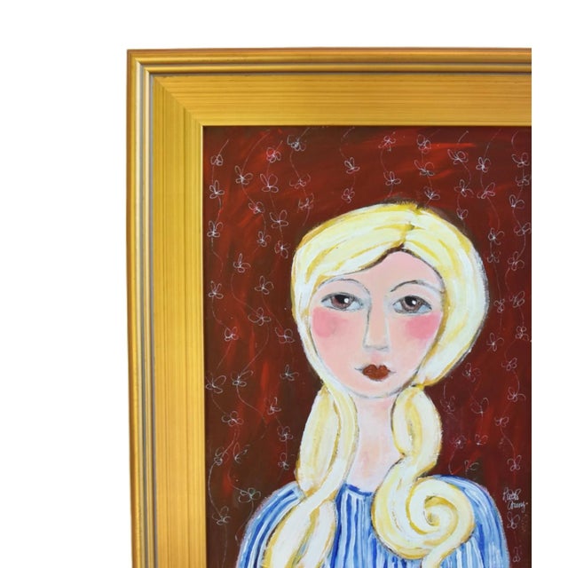 French Mademoiselle W/ Curly Blonde Hair Portrait Oil Painting W/ Antiqued Gold Wood Frame For Sale - Image 4 of 12