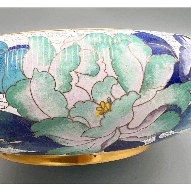 Large Cloisonné Floral Bowl With Peony Motif on Carved Wood Stand — Chinoiserie / Asian Traditional For Sale - Image 12 of 18