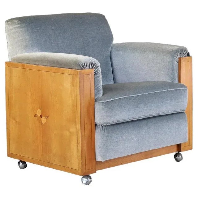 Art Deco Dutch Oak Armchair with Inlaid Motif and Original Grey Velvet, 1930s For Sale - Image 10 of 10