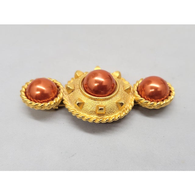 Vintage Signed Gerard Yosca Goldtone Red Faux-Pearl Brooch For Sale - Image 4 of 7