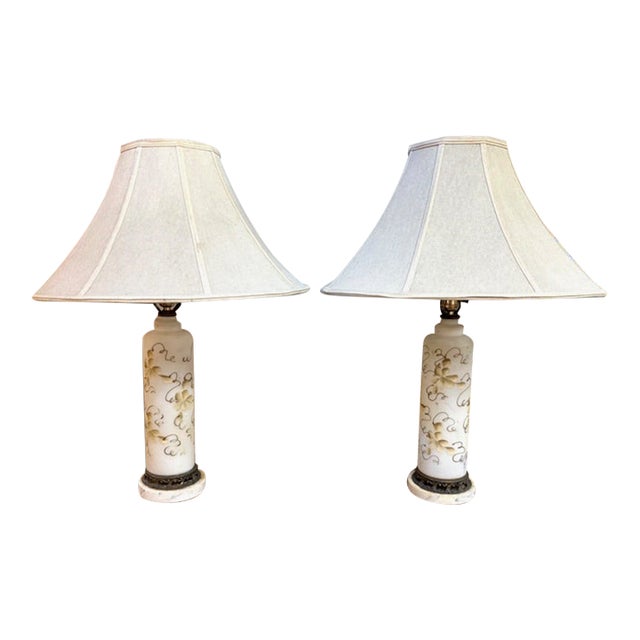 Mid Century Glass and Marble Lamps With Gold Applied Flowers and Vine Design For Sale