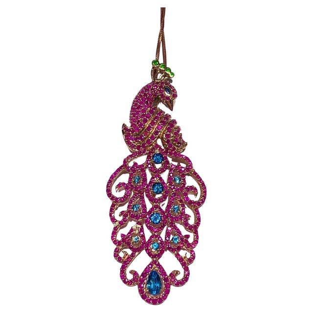 Bochic "Orient" Natural Ruby & Sapphire Peacock Brooch/Pendant 18K Gold&Silver For Sale - Image 10 of 18