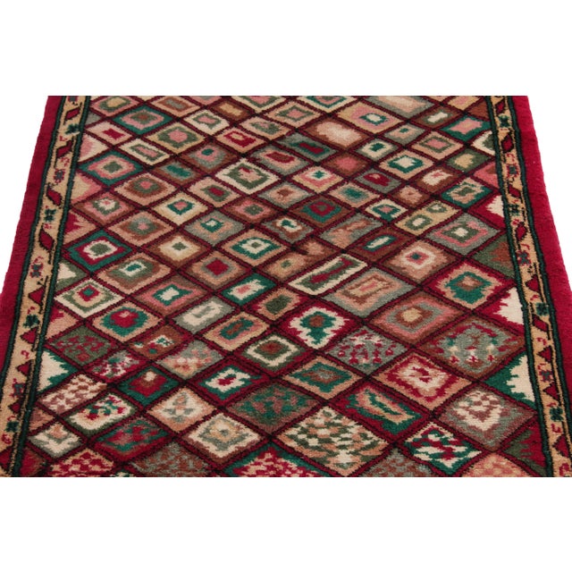 1960s Vintage Distressed Rug in Red & Green Geometric Pattern For Sale - Image 4 of 7