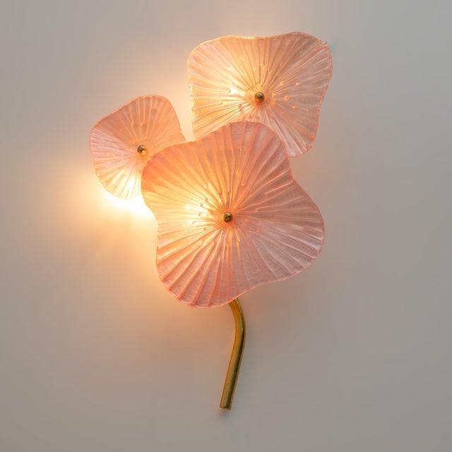 Modern Murano Artistic Glass Pearly Pink and Brass Sconces, 1990, Set of 2 For Sale - Image 3 of 11