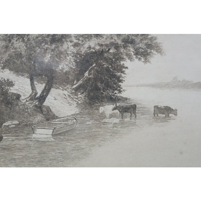 Antique Charles Gondel Landscape Riverscape With Cows Etching 30" For Sale - Image 6 of 11