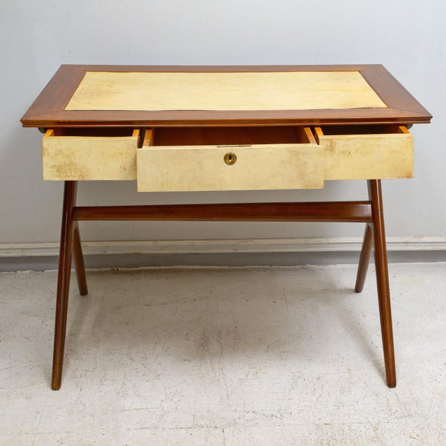 Unusual Italian Mid-Century Mahogany and Parchment Desk With Three Drawers For Sale - Image 4 of 10