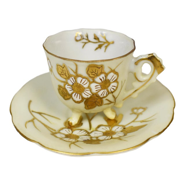 Vintage Golden Floral Kalk Demitasse Cup & Saucer Set- 2 Pieces For Sale