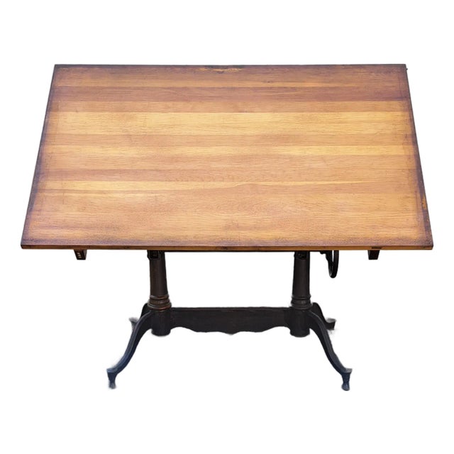 1920s Dietzgen Cast Iron Double Pedestal Base Drafting Table For Sale