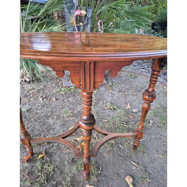 Wood Antique Victorian Style Inlaid Oval Wooden Parlor Table With Turned Legs & Stretcher Base For Sale - Image 7 of 10